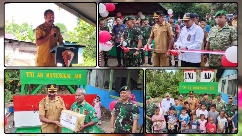 Asisten III Bidang Administrasi Umum Setda Kabupaten Nabire, Benny Ayorbaba, S.Sos., membacakan sambutan Bupati Nabire saat peresmian sumur bor air bersih di Kampung Wahariah, Distrik Teluk Kimi, Senin (22/6/2026). Pemerintah daerah mengapresiasi kontribusi Yonif TP 804/DBAY dalam membantu penyediaan air bersih bagi masyarakat. Dok_Arief NT