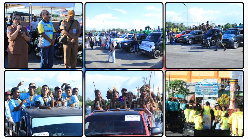 Iring-iringan kendaraan peserta konvoi Festival Cahaya Kreasi Pelajar Papua Tengah 2026 melintasi sejumlah ruas jalan di Kota Nabire, Selasa (23/6/2026). Dok_Arief NT