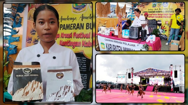 Peserta kontingen Kabupaten Mimika memperkenalkan Kopi Amungme Gold dan menampilkan tarian kreasi bertema pengobatan anak kepala suku pada Festival Cahaya Kreasi Budaya Pelajar Provinsi Papua Tengah Tahun 2026 di Nabire. Dok_Alvi NT