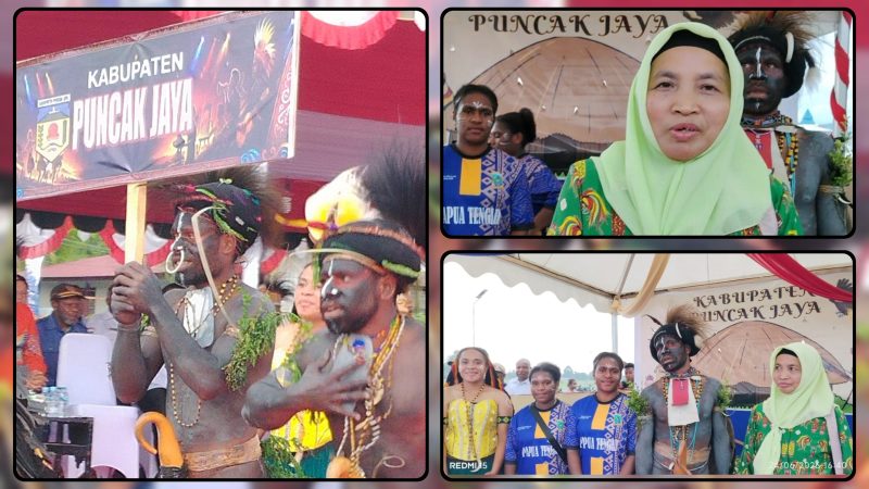 Kontingen Kabupaten Puncak Jaya menampilkan berbagai kerajinan budaya, termasuk noken dan kalung tradisional, pada Festival Cahaya Kreasi Budaya Pelajar Provinsi Papua Tengah Tahun 2026 di Nabire. Dok_Alvi NT