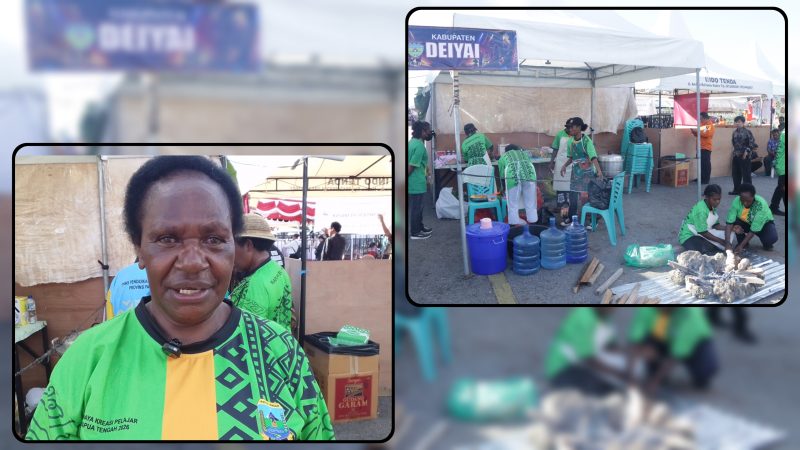 Kepala SMA Negeri 1 Deiyai, Mariana Adi, S.Pd.K., mendampingi para pelajar menampilkan kuliner tradisional bakar batu pada Festival Cahaya Kreasi Budaya Pelajar Provinsi Papua Tengah Tahun 2026 di Nabire. Dok_Arief NT