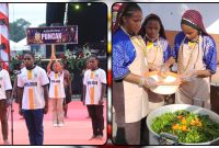 Pelajar Kabupaten Puncak Jaya menampilkan kuliner tradisional Bakar Batu Blanga pada hari kedua Festival Cahaya Kreasi Budaya Pelajar Provinsi Papua Tengah Tahun 2026 di Bandara Lama Nabire. Dok_Alvi NT