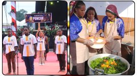 Pelajar Kabupaten Puncak Jaya menampilkan kuliner tradisional Bakar Batu Blanga pada hari kedua Festival Cahaya Kreasi Budaya Pelajar Provinsi Papua Tengah Tahun 2026 di Bandara Lama Nabire. Dok_Alvi NT