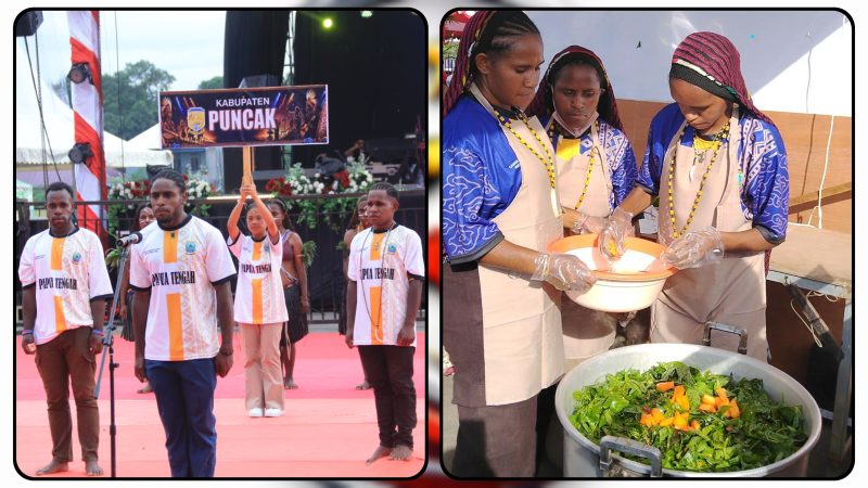 Pelajar Kabupaten Puncak Jaya menampilkan kuliner tradisional Bakar Batu Blanga pada hari kedua Festival Cahaya Kreasi Budaya Pelajar Provinsi Papua Tengah Tahun 2026 di Bandara Lama Nabire. Dok_Alvi NT