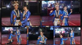 Peserta Fashion Show dari Kabupaten Nabire menampilkan busana hasil kolaborasi antara pakaian adat Papua dan batik Papua yang dipadukan dengan ornamen ukiran kayu berbentuk sayap serta ekor burung cenderawasih pada Festival Cahaya Kreasi Pelajar Papua Tengah 2026. Dok_Arief NT