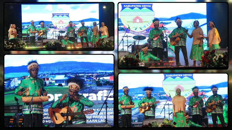 Peserta Kabupaten Deiyai menampilkan musik akustik bertema Tanah Deiyai pada hari ketiga Festival Cahaya Kreasi Pelajar Papua Tengah 2026 di Lapangan Bandara Lama Nabire, Jumat (26/6/2026). Dok_Arief NT