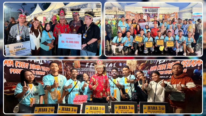 Wakil Bupati Nabire H. Burhanudin Pawennari memberikan apresiasi kepada kontingen pelajar Kabupaten Nabire usai penutupan Festival Cahaya Kreasi Budaya Pelajar Papua Tengah 2026. Nabire sukses meraih enam gelar pada berbagai cabang perlombaan. Dok_Arief/TF