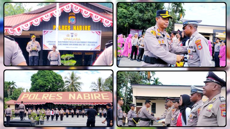 Kapolres Nabire AKBP Samuel D. Tatiratu memimpin upacara laporan kenaikan pangkat 58 personel Polres Nabire dan Brimob BKO di Lapangan Apel Polres Nabire, Selasa (30/6/2026). Dok_Alvi NT
