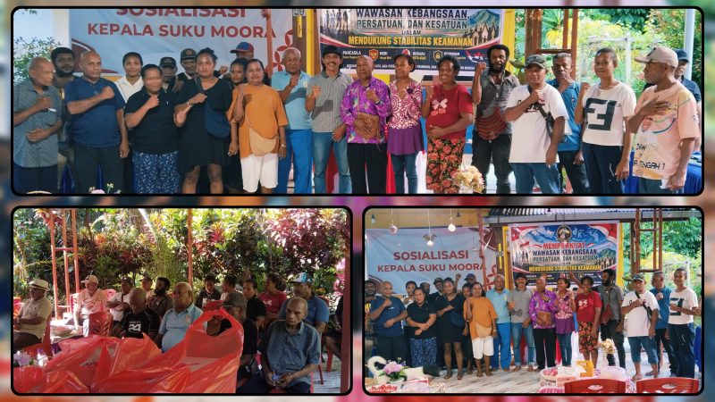 Kepala Suku Moora Donatus Sembor memimpin sosialisasi penguatan wawasan kebangsaan di Nabire. Kegiatan tersebut mengajak masyarakat memperkuat persatuan, menjaga keamanan, dan menanamkan nilai-nilai Pancasila kepada generasi muda. Dok_Ist. NT
