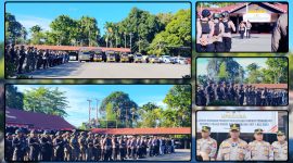 Kapolres Nabire AKBP Samuel D. Tatiratu memimpin apel kesiapsiagaan menjelang Hari Bhayangkara ke-80. Sebanyak 150 personel gabungan Polres Nabire dan Brimob disiagakan untuk menjaga keamanan dan ketertiban masyarakat. Dok_Alvi NT
