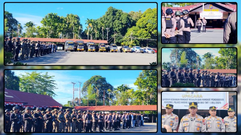 Kapolres Nabire AKBP Samuel D. Tatiratu memimpin apel kesiapsiagaan menjelang Hari Bhayangkara ke-80. Sebanyak 150 personel gabungan Polres Nabire dan Brimob disiagakan untuk menjaga keamanan dan ketertiban masyarakat. Dok_Alvi NT