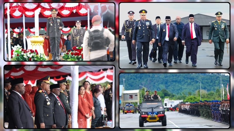 Kapolda Papua Tengah Brigjen Pol. Jermias Rontini memimpin Upacara Hari Bhayangkara ke-80 di Lapangan Kantor Gubernur Papua Tengah, Nabire. Momentum tersebut menegaskan komitmen Polri untuk terus mengabdi kepada masyarakat. Dok_Ist. NT