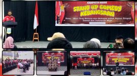 Ketua DPC BMP RI Kabupaten Nabire, Permenas Maniani, membuka Stand Up Comedy Kebangsaan di Aula RRI Nabire sebagai ajang memperkuat persatuan, toleransi, dan semangat kebangsaan melalui hiburan edukatif. Dok_ Arief/Alvi NT