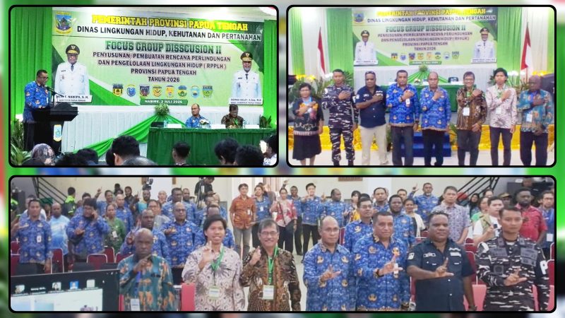 Kepala DLHKP Papua Tengah Yan Richard Pugu membuka FGD II Penyusunan RPPLH 2026 di Aula RRI Nabire sebagai langkah menyusun arah pembangunan berkelanjutan yang selaras dengan kelestarian lingkungan. Dok_Alvi NT