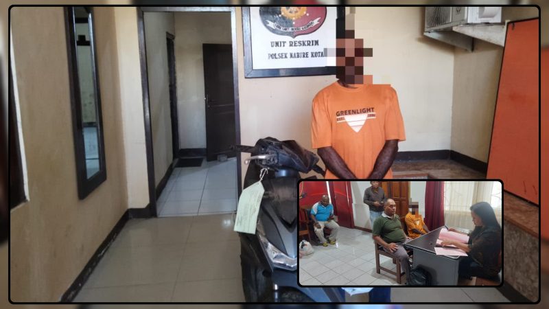 Kanit Reskrim Polsek Nabire Kota IPTU Yefri Iyai, S.H., bersama personel menyerahkan tersangka dan barang bukti kasus pencurian kendaraan bermotor kepada Jaksa Penuntut Umum di Kejaksaan Negeri Nabire setelah berkas perkara dinyatakan lengkap (P-21), Jumat (3/7/2026). Dok_polsek kota. NT