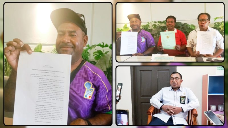 Armando Tawaru didampingi anggota keluarga memberikan keterangan kepada awak media terkait belum terlaksananya eksekusi lahan sengketa di Nabarua Bawah, Kabupaten Nabire. Pengadilan Negeri Nabire menyatakan proses koordinasi pelaksanaan eksekusi masih berjalan sesuai prosedur hukum. Dok_Alvi NT