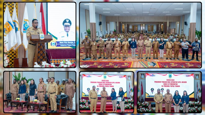 Asisten III Setda Papua Tengah Viktor Fun mewakili Gubernur Meki Fritz Nawipa membuka Sosialisasi Program Pensiun bagi ASN bersama PT Taspen dan Bank Mandiri Taspen di Ballroom Kantor Gubernur Papua Tengah, Selasa (7/7/2026). Dok_Humas PTT