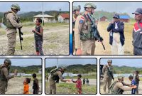 Personel Satgas Operasi Damai Cartenz-2026 berdialog dengan masyarakat dan membagikan bantuan kepada anak-anak saat patroli dialogis di Distrik Oksibil, Kabupaten Pegunungan Bintang. Dok_ODC26. NT