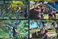 Prajurit Yonif TP 804/DBAY bersama warga Kampung Kimi bergotong royong mengumpulkan bambu untuk pembuatan tiang bendera dan gazebo menjelang HUT ke-81 Kemerdekaan RI. Dok_ Andi NT