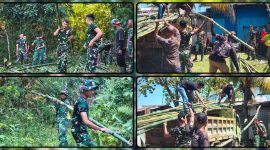 Prajurit Yonif TP 804/DBAY bersama warga Kampung Kimi bergotong royong mengumpulkan bambu untuk pembuatan tiang bendera dan gazebo menjelang HUT ke-81 Kemerdekaan RI. Dok_ Andi NT