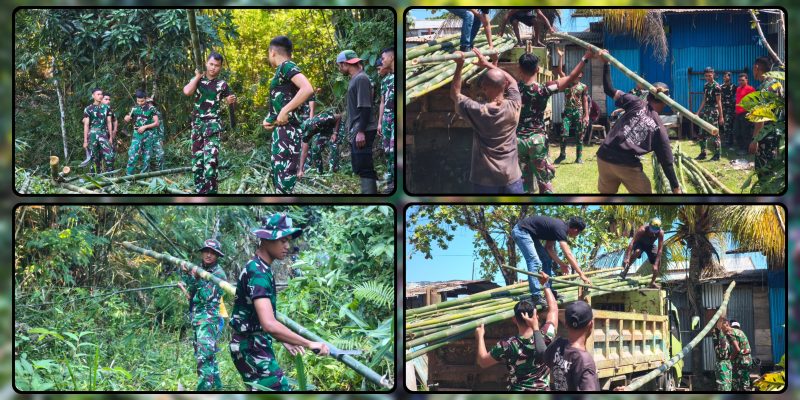 Prajurit Yonif TP 804/DBAY bersama warga Kampung Kimi bergotong royong mengumpulkan bambu untuk pembuatan tiang bendera dan gazebo menjelang HUT ke-81 Kemerdekaan RI. Dok_ Andi NT