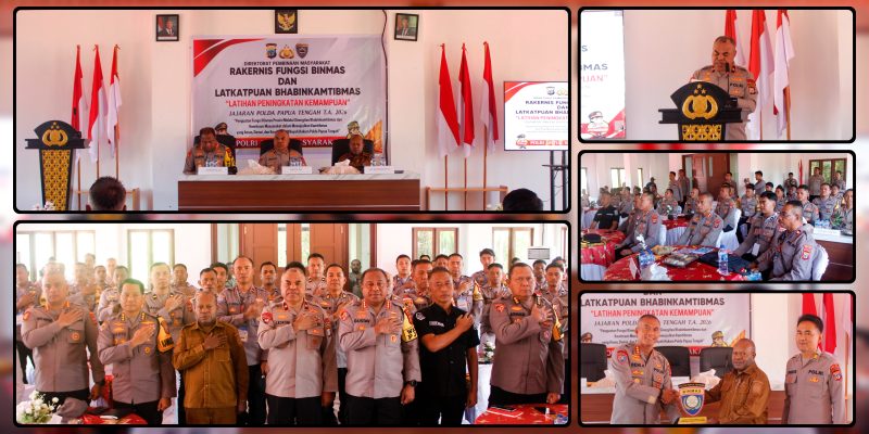 Peserta Rakernis Fungsi Binmas dan Latkatpuan Bhabinkamtibmas Tahun Anggaran 2026 mengikuti pembukaan kegiatan yang dipimpin Kapolda Papua Tengah di Mapolda Papua Tengah. Dok_Humas Polda PT. NT