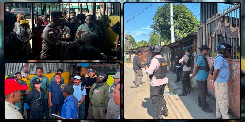 Personel Polres Nabire bersama Brimob Polda Papua Tengah mengamankan pelaksanaan eksekusi objek tanah dan bangunan berdasarkan penetapan Pengadilan Negeri Nabire di Kelurahan Karang Tumaritis, Selasa (28/7/2026). Dok_Humas PN. NT