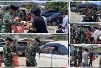Prajurit Yonif TP 804/DBAY membagikan paket makanan kepada jemaah usai Salat Jumat di Masjid Agung Al-Falah, Nabire, sebagai wujud kepedulian sosial dan upaya mempererat kemanunggalan TNI dengan masyarakat, Jumat (31/7/2026). Dok_YonTP. NT