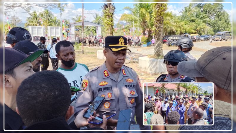 Kapolres Nabire AKBP Samuel D. Tatiratu, S.I.K., CPHR menyampaikan keterangan pers terkait pelaksanaan aksi penyampaian aspirasi simpatisan KNPB yang berlangsung aman, tertib, dan kondusif di Kabupaten Nabire. Dok_Arief NT