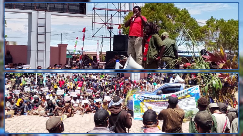 Ratusan massa Front Peduli Alam dan Manusia Mee Wilayah Simapitowa menyampaikan aspirasi di halaman Kantor DPR Papua Tengah, Nabire, Senin (10/8/2026). Massa membawa sejumlah tuntutan terkait hak atas tanah, aktivitas pembangunan, perusahaan, dan keberadaan aparat keamanan. Dok_Arief NT