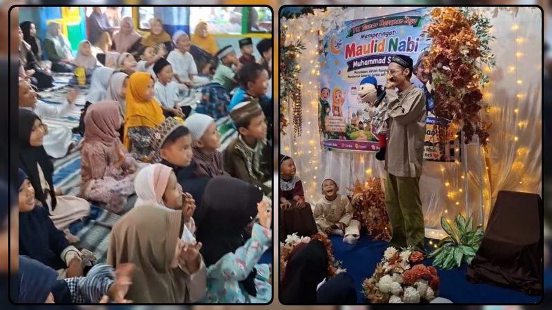 Pendongeng nasional Kak Harris bersama karakter boneka Ayis tampil menghibur sekaligus menyampaikan pesan edukatif kepada ratusan siswa dalam peringatan Maulid Nabi Muhammad SAW di sebuah sekolah di Jalan Kedung Mangu, Surabaya, Rabu (26/8/2026). Dok_Heri