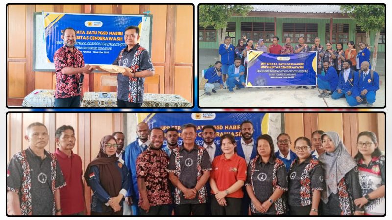 Mahasiswa PPL UPP PGSD FKIP Universitas Cenderawasih Kelas Nabire bersama jajaran SD Negeri 01 Kampung Wiraska, Distrik Yaro, saat kegiatan penyerahan mahasiswa PPL, Sabtu (29/8/2026). Dok_Pri-AM
