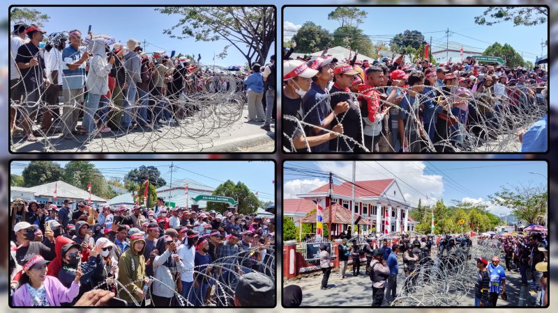 Massa IKT Nabire dan Forum Peduli CKC menyampaikan aspirasi di depan Pengadilan Negeri Nabire, Senin (31/8/2026), saat agenda tuntutan perkara pembunuhan remaja di Kampung Waroki. Dok_Arief NT