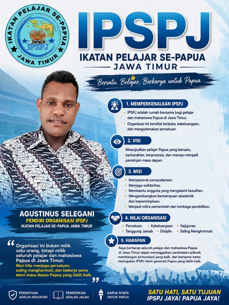 Agustinus Selegani, pendiri Ikatan Pelajar Se-Papua Jawa Timur (IPSPJ), memperkenalkan organisasi tersebut sebagai wadah persatuan dan pengembangan pelajar serta mahasiswa Papua di Jawa Timur. Dok_AS. NT