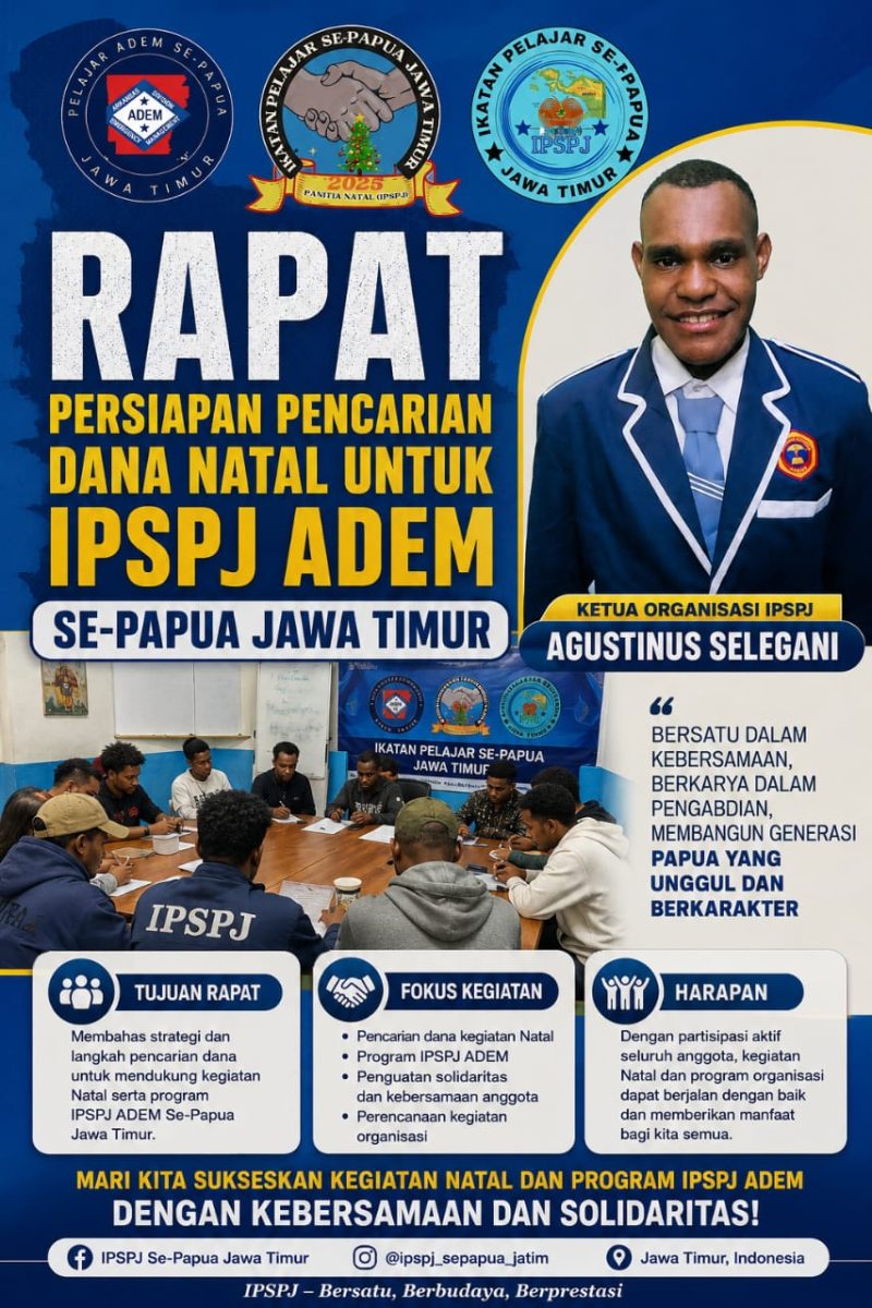 Ketua IPSPJ Agustinus Selegani bersama anggota mengikuti rapat diskusi persiapan pencarian dana Natal dan program ADEM Se-Papua Jawa Timur di Sekretariat IPSPJ, Malang, Selasa (11/8/2026). Dok_AS.NT