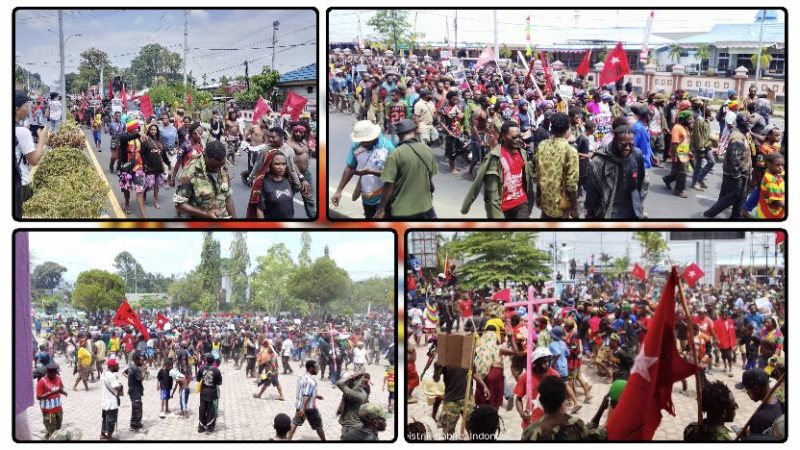 Ratusan massa KNPB tiba di halaman Kantor DPR Papua Tengah, Nabire, Sabtu (15/8/2026), setelah melakukan long march untuk menyampaikan aspirasi. Dok_Arief NT