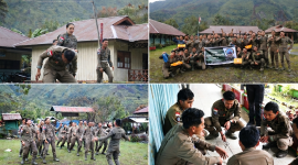 Personel Satgas Kepolisian Operasi Damai Cartenz-2026 mengikuti kegiatan permainan bersama yang digelar Tim Support Psikologi di Lapangan Voli SD Inpres Dondobaga, Puncak Jaya, Minggu (6/9/2026). Dok_ODC