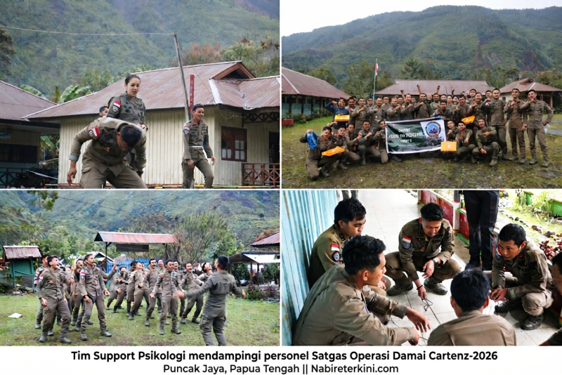 Personel Satgas Kepolisian Operasi Damai Cartenz-2026 mengikuti kegiatan permainan bersama yang digelar Tim Support Psikologi di Lapangan Voli SD Inpres Dondobaga, Puncak Jaya, Minggu (6/9/2026). Dok_ODC