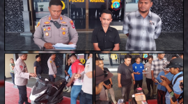 Kapolres Nabire AKBP Samuel D. Tatiratu menunjukkan sepeda motor Honda Beat yang ditemukan setelah dilaporkan hilang sejak 2020. Kendaraan tersebut diamankan dalam rangkaian pengamanan aksi pelajar di Nabire, Selasa (15/9/2026). Dok_Arief NT