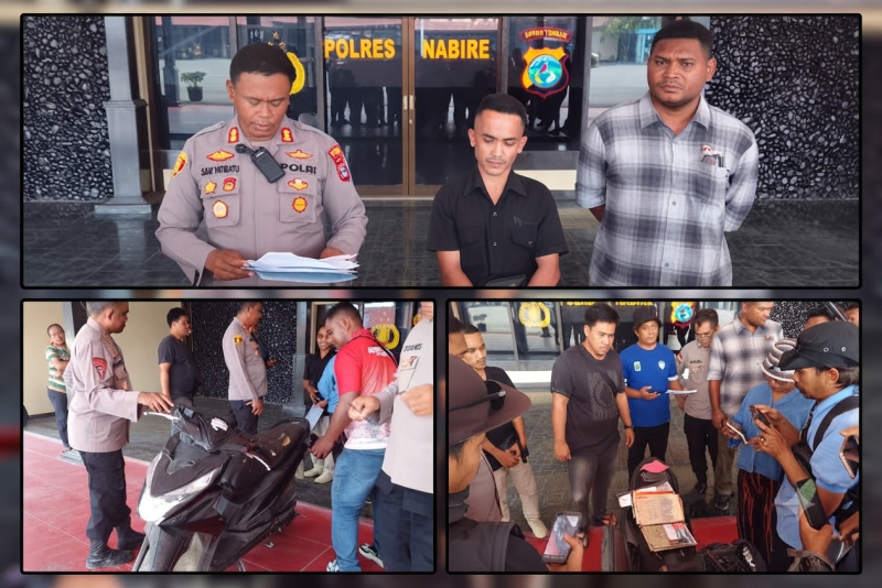 Kapolres Nabire AKBP Samuel D. Tatiratu menunjukkan sepeda motor Honda Beat yang ditemukan setelah dilaporkan hilang sejak 2020. Kendaraan tersebut diamankan dalam rangkaian pengamanan aksi pelajar di Nabire, Selasa (15/9/2026). Dok_Arief NT