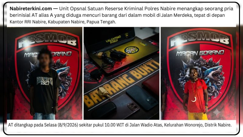 Personel Unit Opsnal Sat Reskrim Polres Nabire mengamankan terduga pelaku pencurian berinisial AT alias A di wilayah Nabire, Selasa (8/9/2026). Dok_SatRes