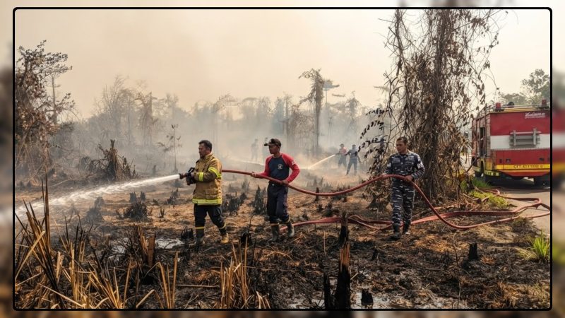 Personel Lanal Nabire bersama unsur terkait dan masyarakat melakukan pemadaman kebakaran lahan di Kampung Samabusa, Distrik Teluk Kimi, Nabire, Sabtu (12/9/2026). Dok_Lanal Nabire