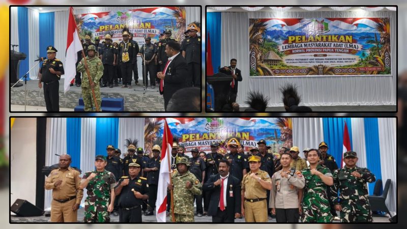 Pengurus LMA Provinsi Papua Tengah dan LMA kabupaten se-Papua Tengah periode 2026–2030 mengikuti prosesi pelantikan di Aula LPP RRI Nabire, Senin (14/9/2026). Dok_LMA PT
