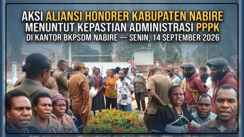Sejumlah tenaga honorer yang tergabung dalam Aliansi Honorer Kabupaten Nabire menggelar aksi di Kantor BKPSDM Nabire, Senin (14/9/2026), menuntut kepastian pengisian DRH PPPK paruh waktu. Dok_MP.NT
