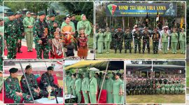 Danrem 173/PVB Brigjen TNI Vivin Alivianto mendampingi Pangdiv III Kostrad Mayjen TNI Wulang Nur Yudhanto dalam Upacara Tradisi Pembaretan dan Penerimaan Warga Baru Kostrad di Nabire. Dok_Pri-Korem 173/PVB