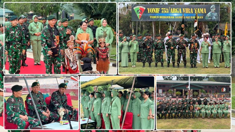 Danrem 173/PVB Brigjen TNI Vivin Alivianto mendampingi Pangdiv III Kostrad Mayjen TNI Wulang Nur Yudhanto dalam Upacara Tradisi Pembaretan dan Penerimaan Warga Baru Kostrad di Nabire. Dok_Pri-Korem 173/PVB