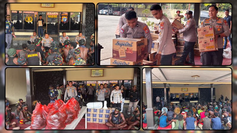 Kapolres Nabire AKBP Samuel Dominggus Tatiratu menyerahkan bantuan bahan makanan kepada masyarakat Suku Dani asal Kabupaten Puncak Jaya di Nabire, Rabu (30/9/2026). Dok_HPN